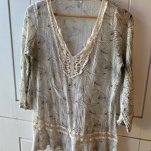 ANTHROPOLOGIE sheer cotton cream with black line pattern and crochet detail
